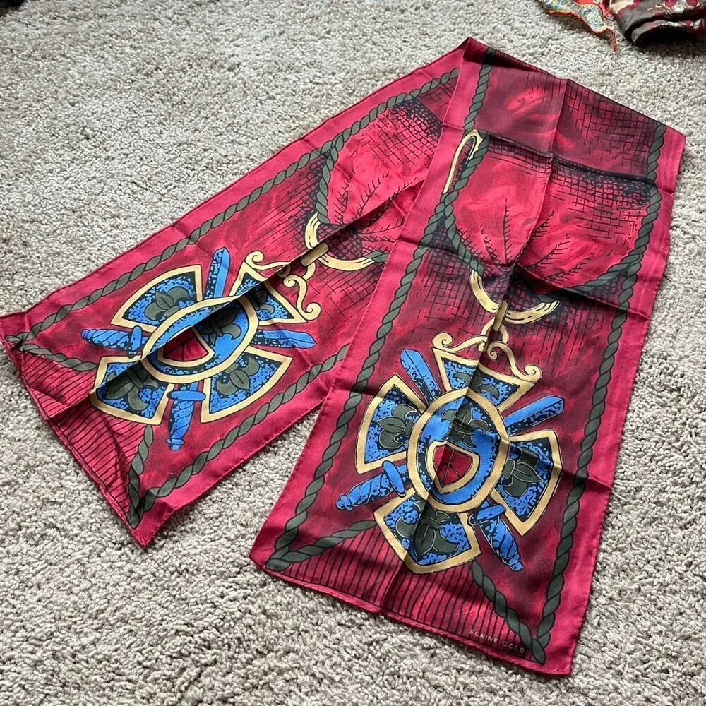 VTG Silk Scarf Elaine Gold Crest Shield Red Gold Equestrian Wrap 50